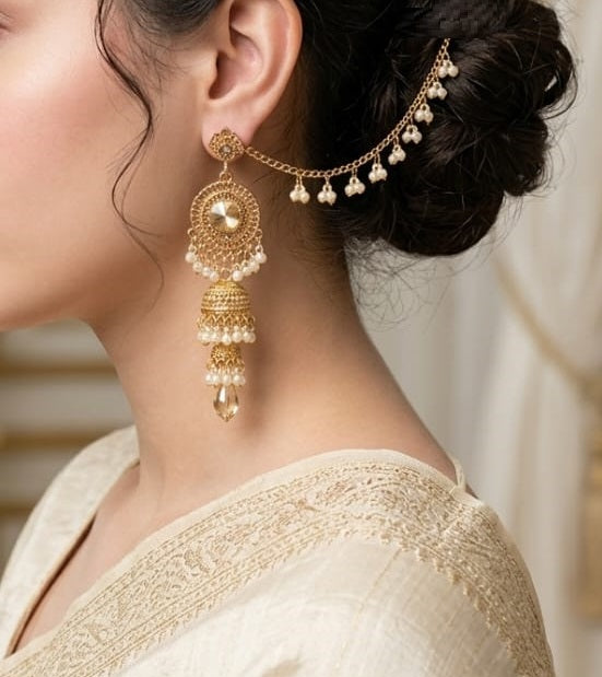 Sahara Jhumka Earrings for Women Bridal Wedding Jhumki Crystal Earring Party Wear Traditional Danglers with Chain