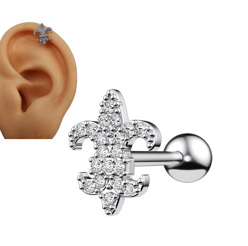 Detail view of crystal cartilage stud earring – flat back labret stud for daith and conch piercing – Hanaya