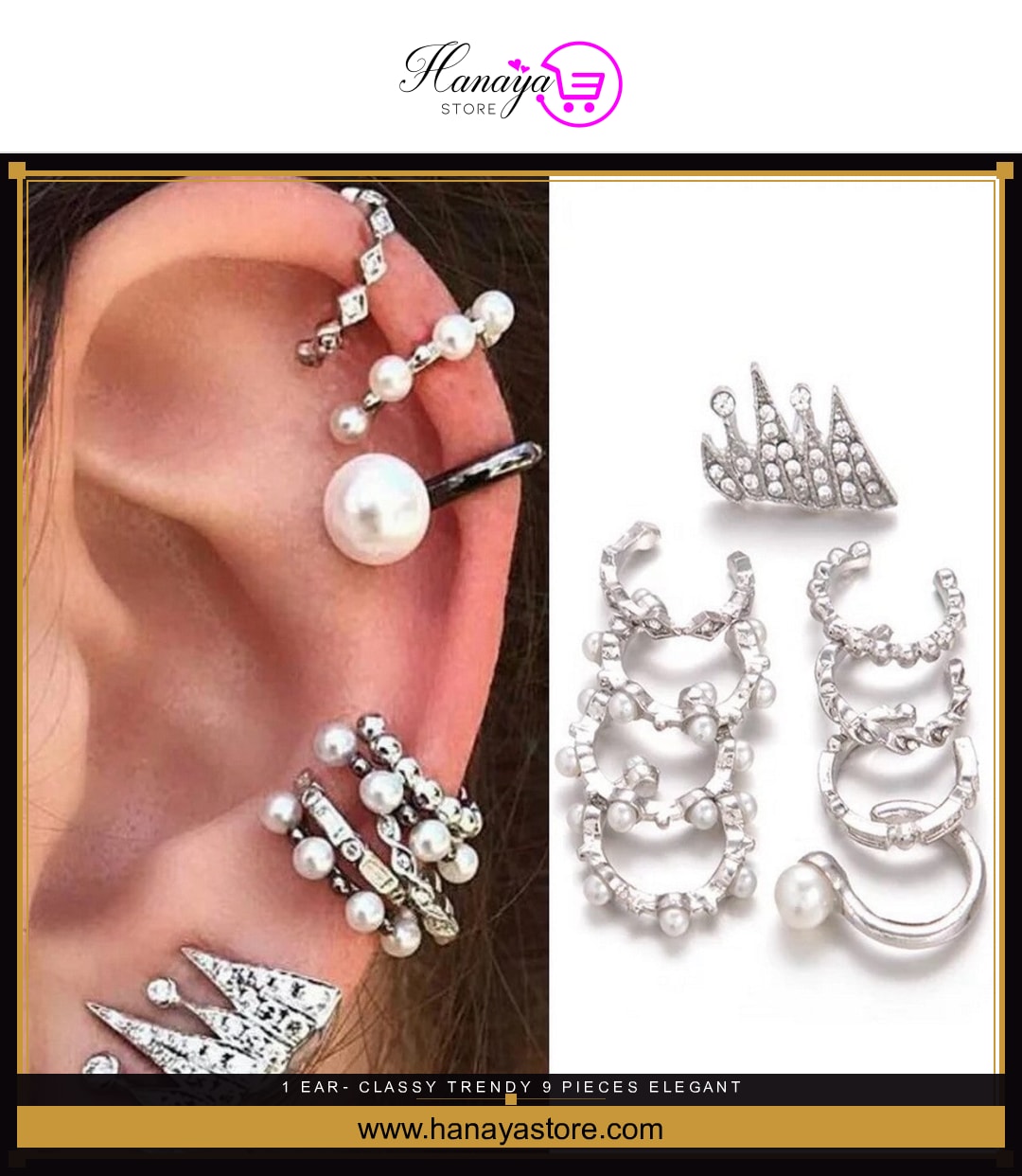 1 Ear- Classy Trendy 9 Pieces Elegant Royal Cuff & Earring Set Fashion Jewelry – Jhumka Studs Hoops Fashion Earrings for Girls Pakistan | Hanaya Store — hanayastore.com