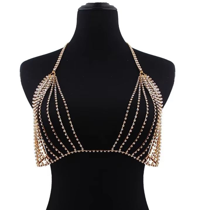 Shiny Rhinestone Mesh Hollow Chest Chain – Crystal Halter Bra Top Body Jewelry – Earrings Online in Pakistan | Hanaya