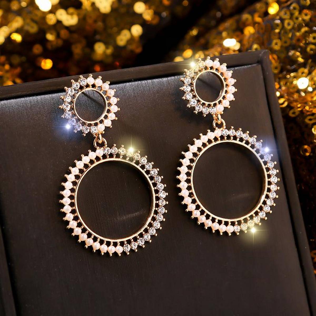 Trendy Classy Crystal and Pearlicious Long Earrings Geometric Hollow Round Rhinestone – Earrings Online in Pakistan | Hanaya