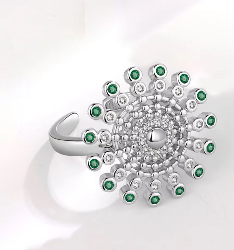 ROTATABLE Adjustable Silver Zircon Flower Ring for Women Anti Anxiety Rings– One Size Fashion Jewelry for Party, Wedding, Gift & Daily Wear – Image 2 of 2
