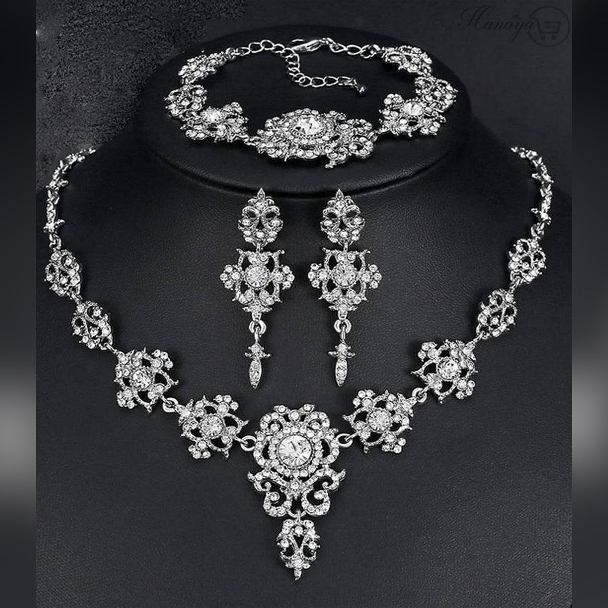 Trendy Shinny Silver Zircon Floral Crystal Jewelry Set Necklace Earrings Bracelet-FREE Gift Box – Accessories Online in Pa...