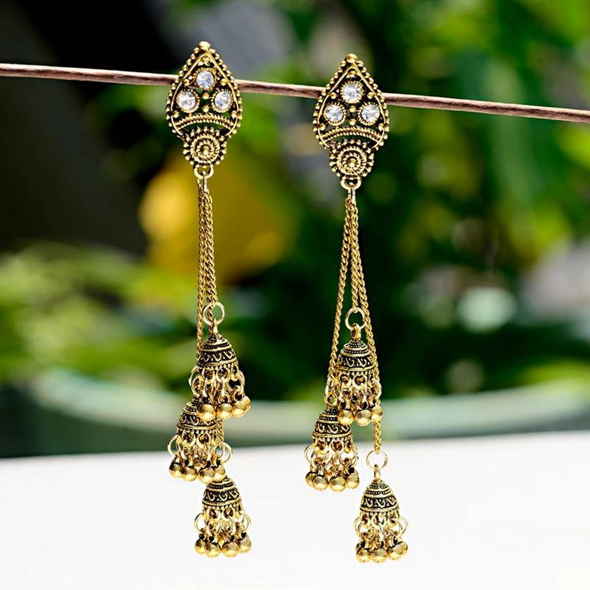 Trendy Classy Jhumki 3 Tassel Style Earrings – Close Up – Earrings | Hanaya Pakistan