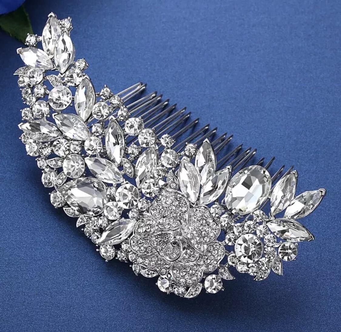 Trendy Classy Rhinestone Flower Leaf Bridal Hair Jewelry – Image 2 of 2