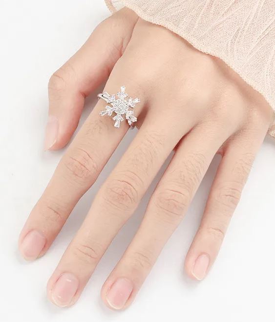 ROTATABLE Adjustable Silver Zircon Flower Ring for Women Anti Anxiety Rings– One Size Fashion Jewelry for Party, Wedding, Gift & Daily Wear – Image 2 of 3