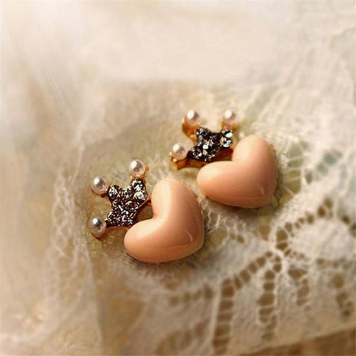 Love Small Crystal Crown Stud earrings  Rose Peach Heart Earrings simulated Pearl -FREE Gift Box – Earrings Online in Paki...
