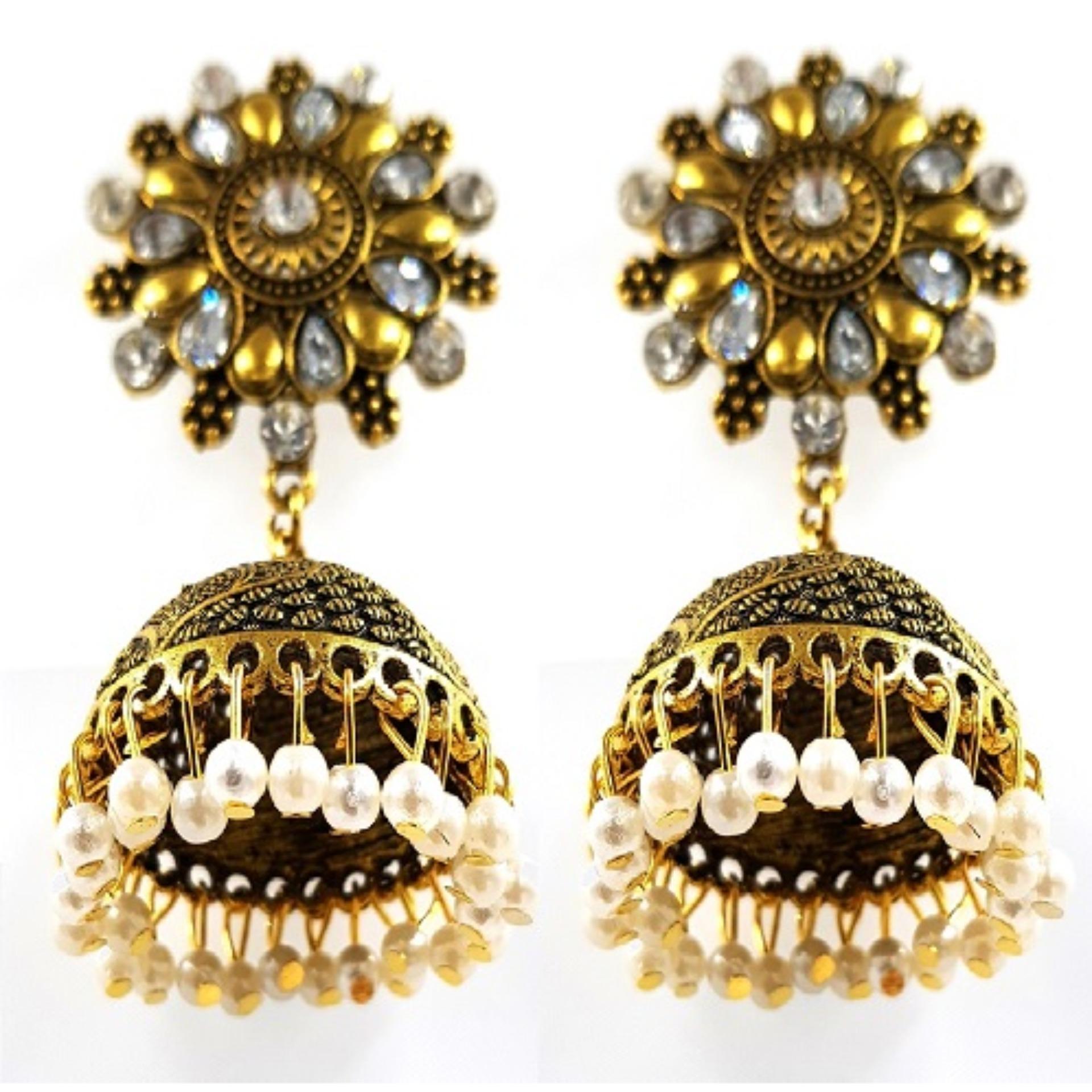 Antique Big Jhumka Earrings Meenakari Vintage Kundan Pearl Traditional Style – Earrings Online in Pakistan | Hanaya