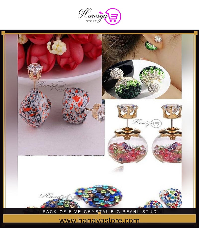 Pack Of Five Crystal Big Pearl Stud Black Earring Women – Accessories Online in Pakistan | Hanaya