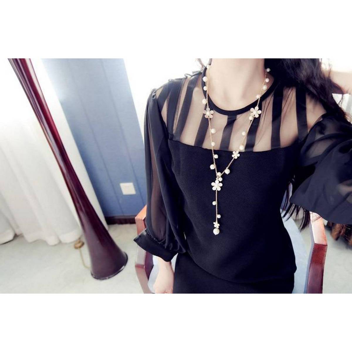 Trendy Flower Plum Long Chain Imitated Pearl Necklace – Accessories Online in Pakistan | Hanaya