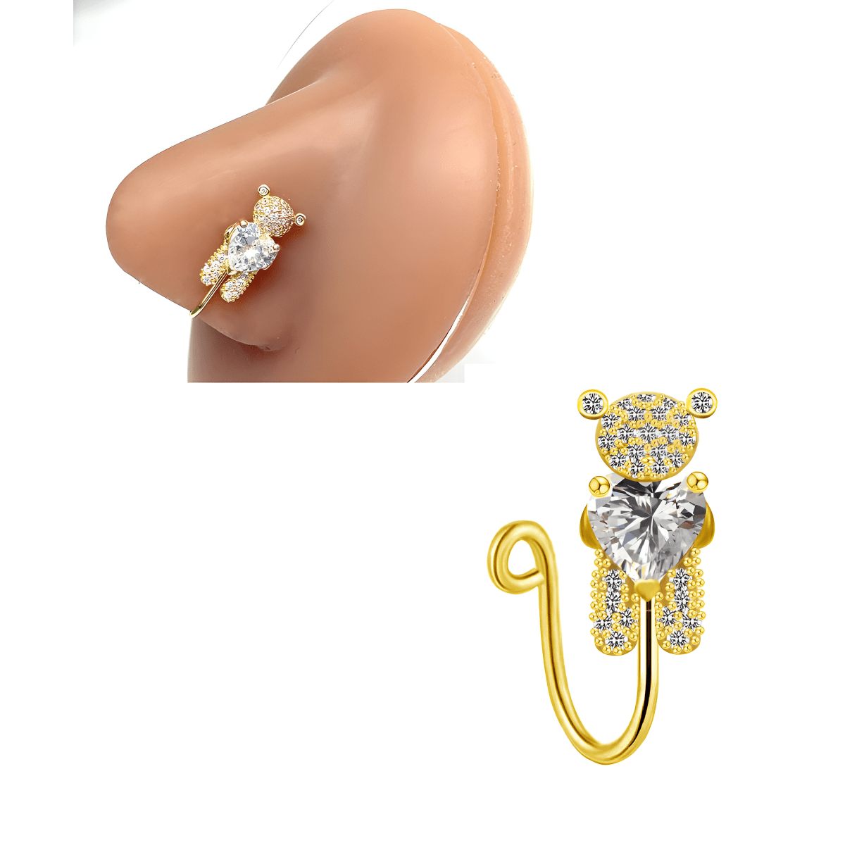 Cute Teddy Bear Non Piercing Clip On Nose Pin Love Shape Fake Nostril Jewelry - Hanaya Store