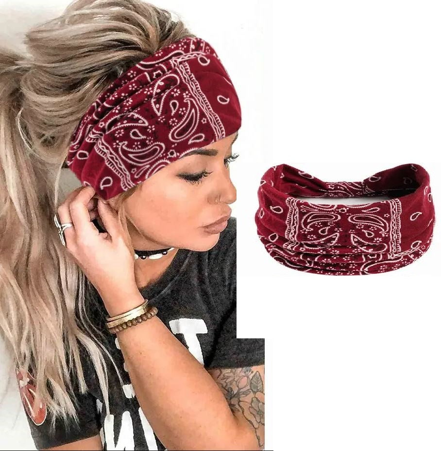 Trendy Fashionable Bohemian Yoga Headband for Women – Elastic Cotton Wide Sports Hairband, Non-Slip Cashew Flower Print Ba...