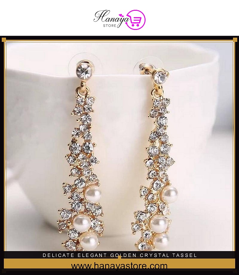Delicate Elegant Golden Crystal Tassel Drop Earrings Pearl Mix – Accessories Online in Pakistan | Hanaya
