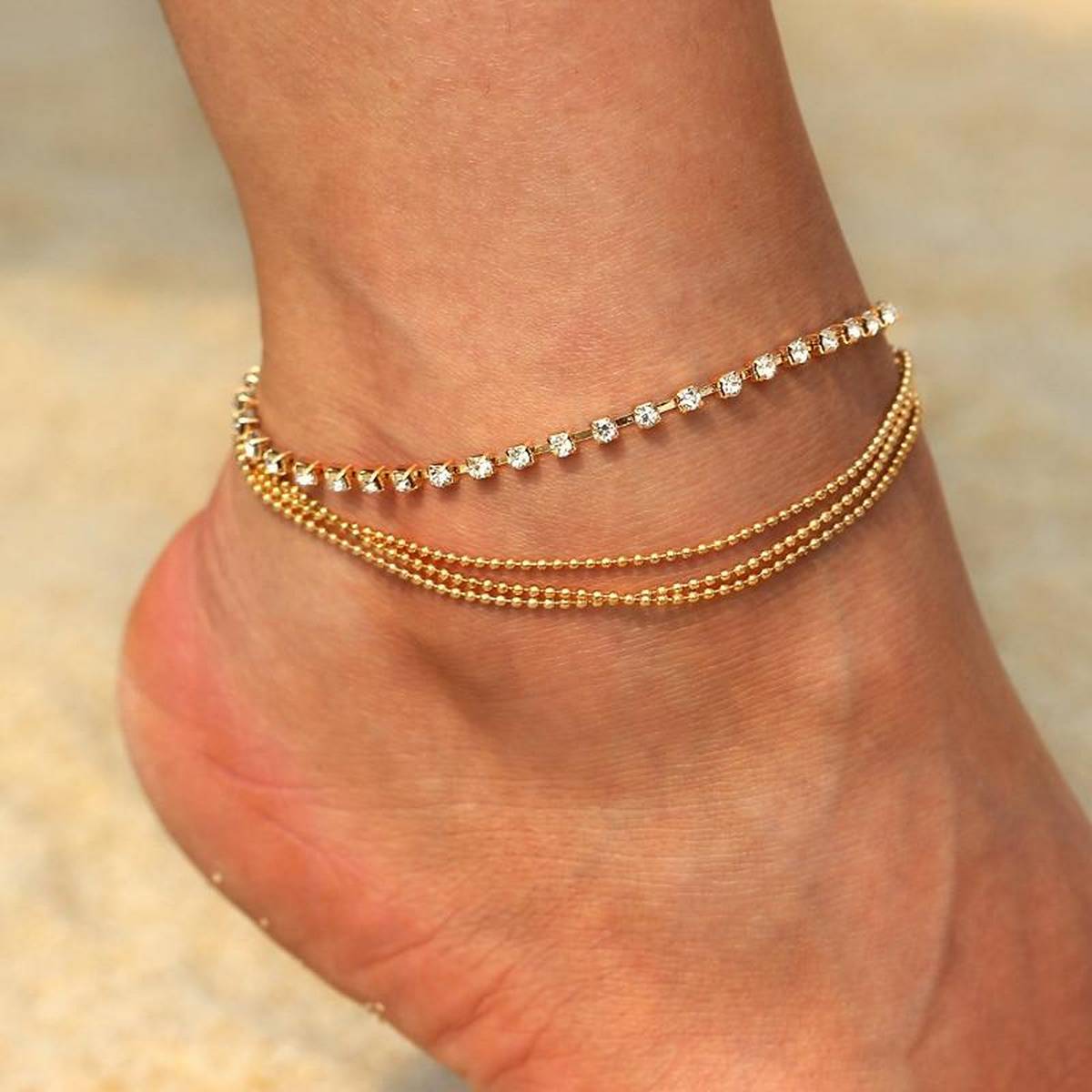 Trendy Shinny Golden/Silver Crystal 4 Layered Crystal Ball Anklet For Women – Accessories Online in Pakistan | Hanaya