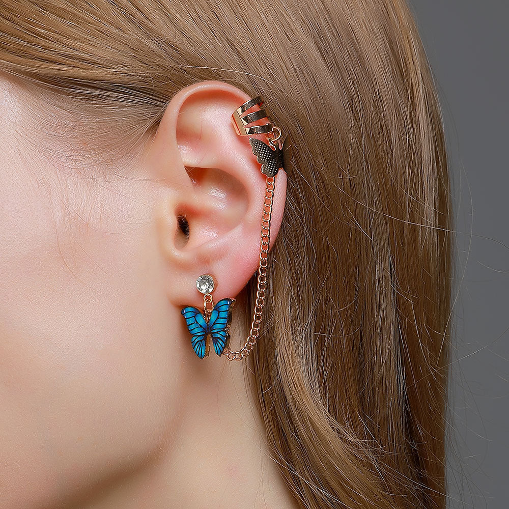 Pair Left & Right Tassel Chain Butterfly Cuff Drop Earrings – Image 3 of 4