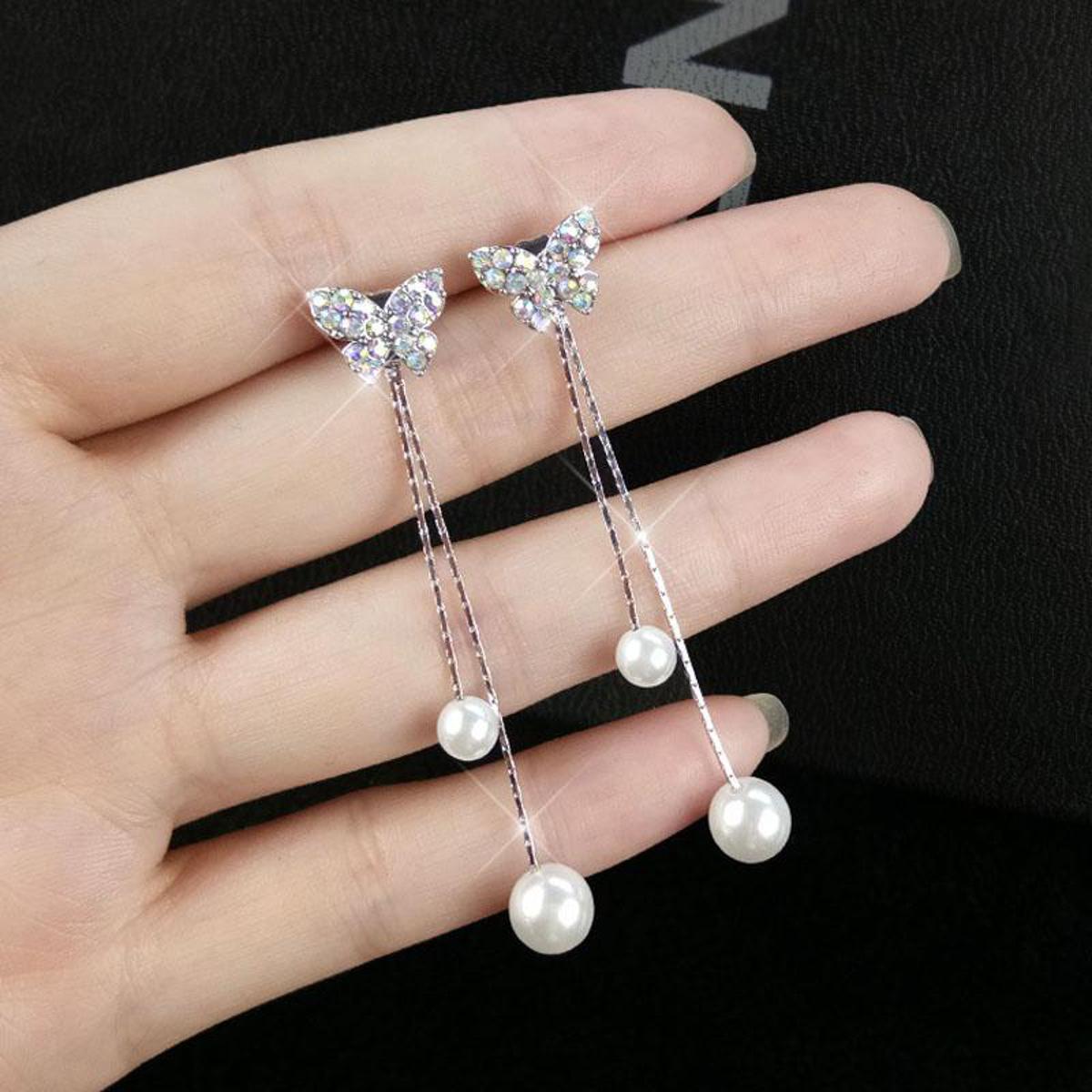Trendy Classy Crystal & Pearl Tassel Earring – Earrings Online in Pakistan | Hanaya