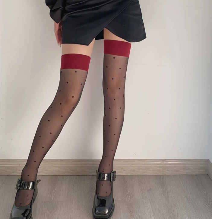 Women Lace Full Socks Long Tights Legging Silky Thigh High Stockings with Red Wide Band Top Polka Dot See Through Over Knee Long Socks – Buy stockings, tights & leggings online in Pakistan