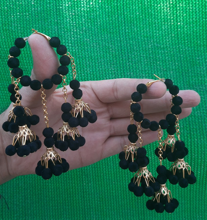High Quality Big Velvet Balls Delicate Hoop Classy Multi Jhumki Trendy Earring – Close Up – Accessories | Hanaya Pakistan