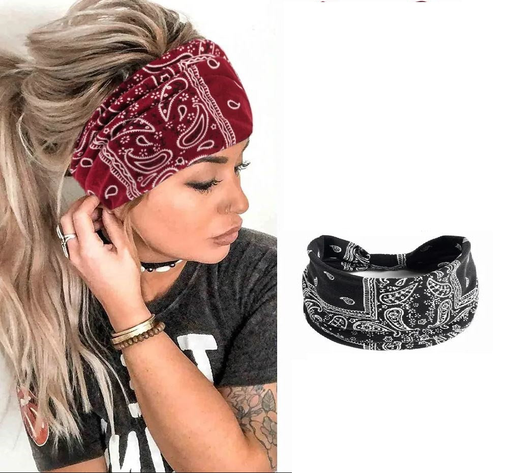 Trendy Fashionable Bohemian Yoga Headband for Women – Elastic Cotton Wide Sports Hairband, Non-Slip Cashew Flower Print Ba...