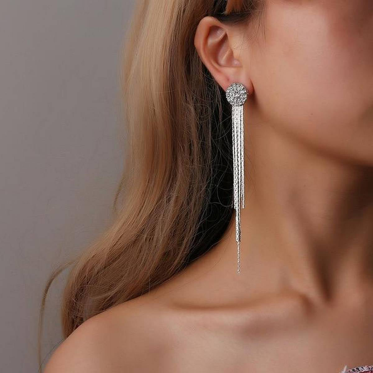 Long Tassel Rhinestone Sliver Dangle Crystal Shinny Long Trendy Silver Eaarring- FREE Gift Box – Earrings Online in Pakist...
