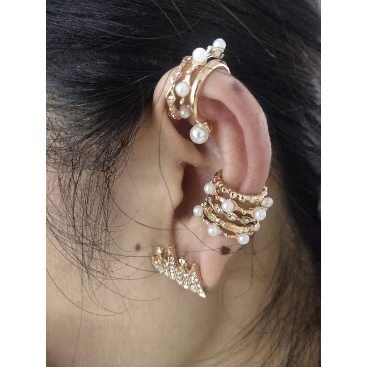 1 Ear- Classy Trendy 9 Pieces Elegant Royal Cuff & Earring Set Fashion Jewelry – Image 2 of 3