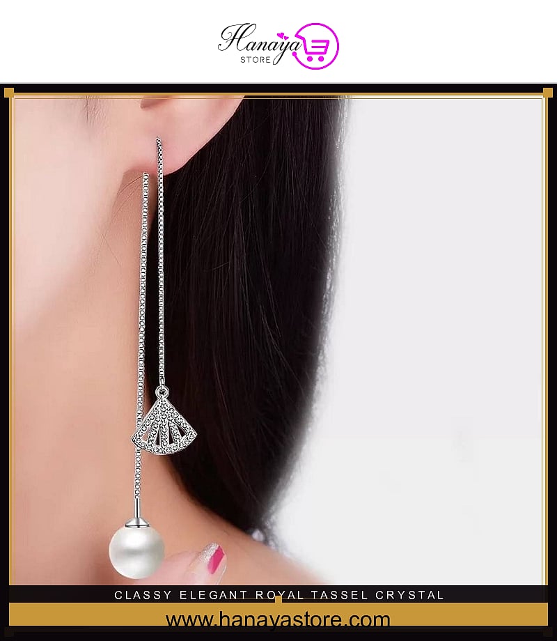 Classy Elegant Royal Tassel Crystal With Big Pearl Drop Earring for Girls – Earrings Online in Pakistan | Hanaya
