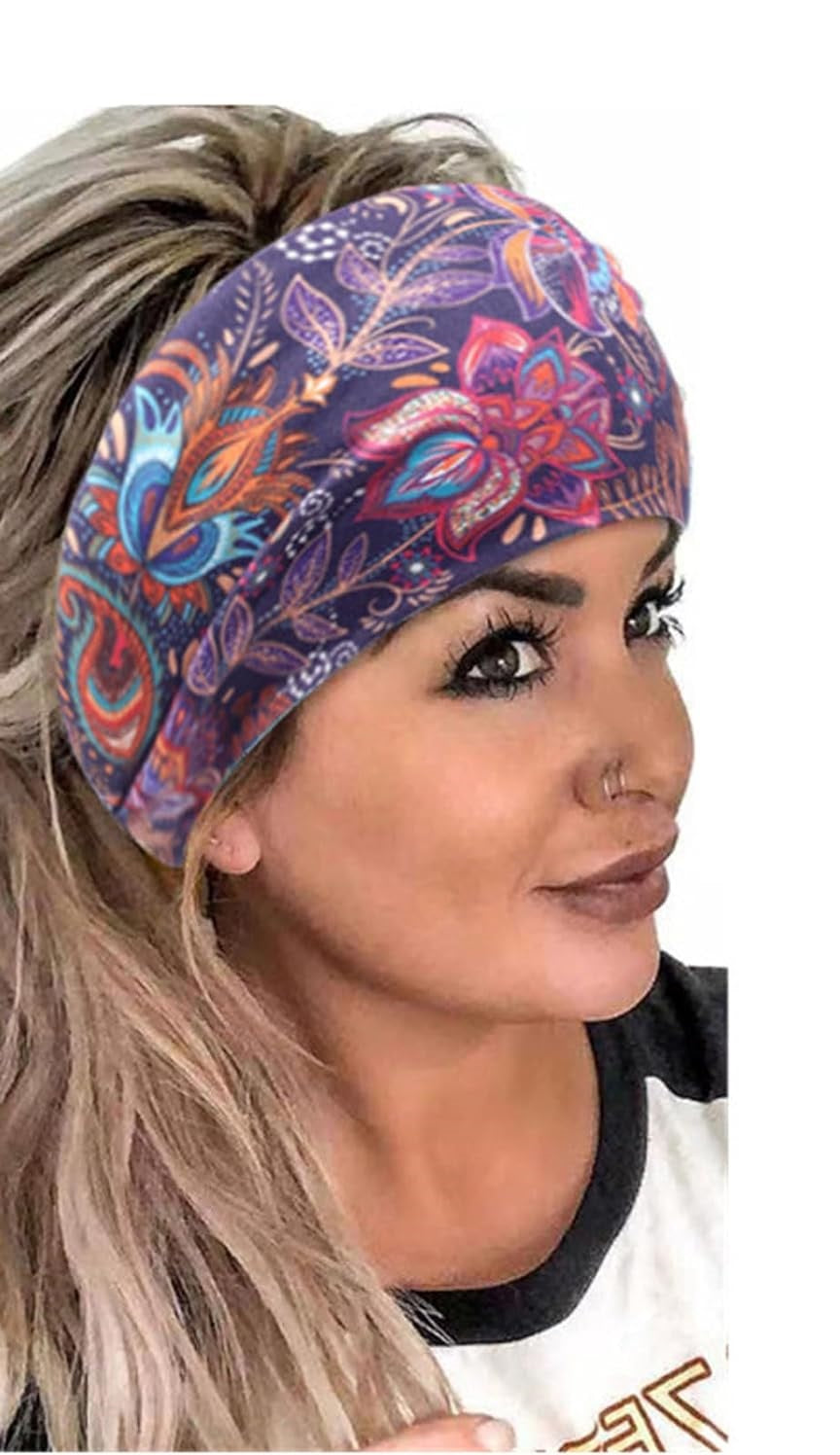 Bohemian Yoga Headband for Women – Wide Elastic Sports Hairband, Non-Slip Workout Bandana, Cashew Flower Print Hair Accessory, Stretchy Fitness Headwear