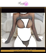 3 pcs Fishnet Lingerie Set One size Hollow out Dress Shirt body Long Sleeve Cosplay Black T-Shirt Fishnet Underwear Base C...