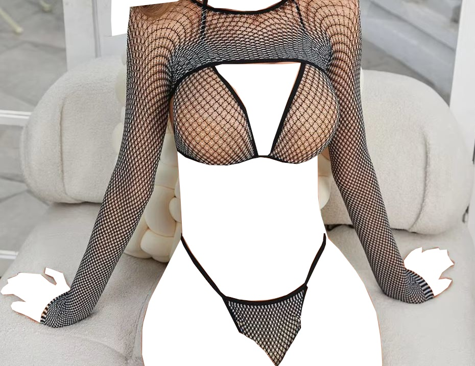3 piece fishnet lingerie set black