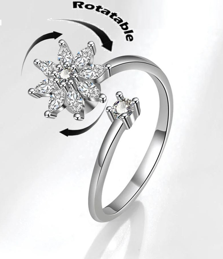 ROTATABLE Adjustable Silver Zircon Flower Ring for Women Anti Anxiety Rings– One Size Fashion Jewelry for Party, Wedding, Gift & Daily Wear