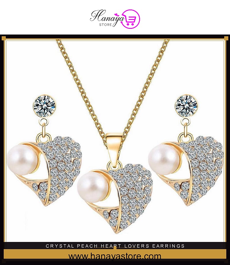 Crystal Peach Heart Lovers Earrings Simulation Pearl- FREE Neckalace & Gift Box – Accessories Online in Pakistan | Hanaya