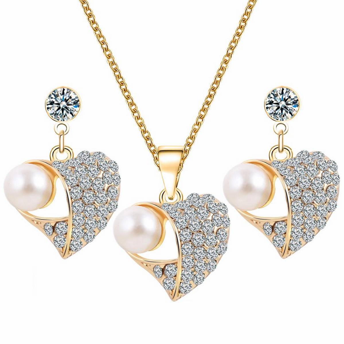 Crystal Peach Heart Lovers Earrings Simulation Pearl- FREE Neckalace & Gift Box – Accessories Online in Pakistan | Hanaya