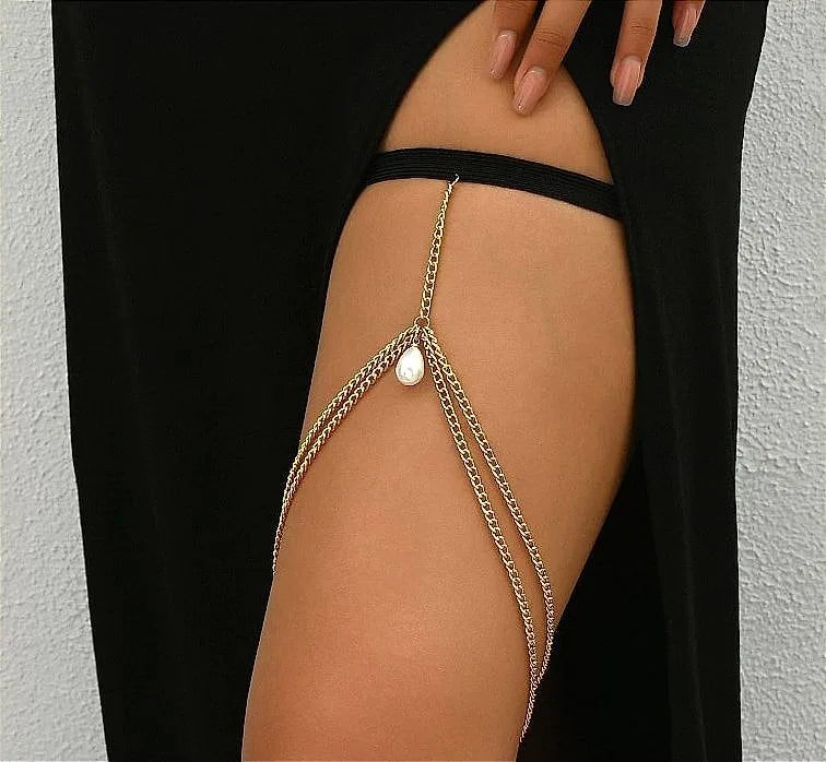 Elegant Bohemian Thigh Chain Design 7 with Long Tassel Elastic Band – Belly Chain Bridal Body Jewelry Pakistan | Hanaya Store