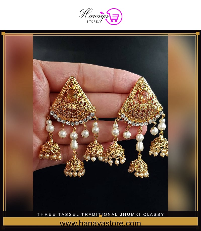 Three Tassel Traditional Jhumki Classy Party Wedding Earring For Girls – Accessories Online in Pakistan | Hanaya