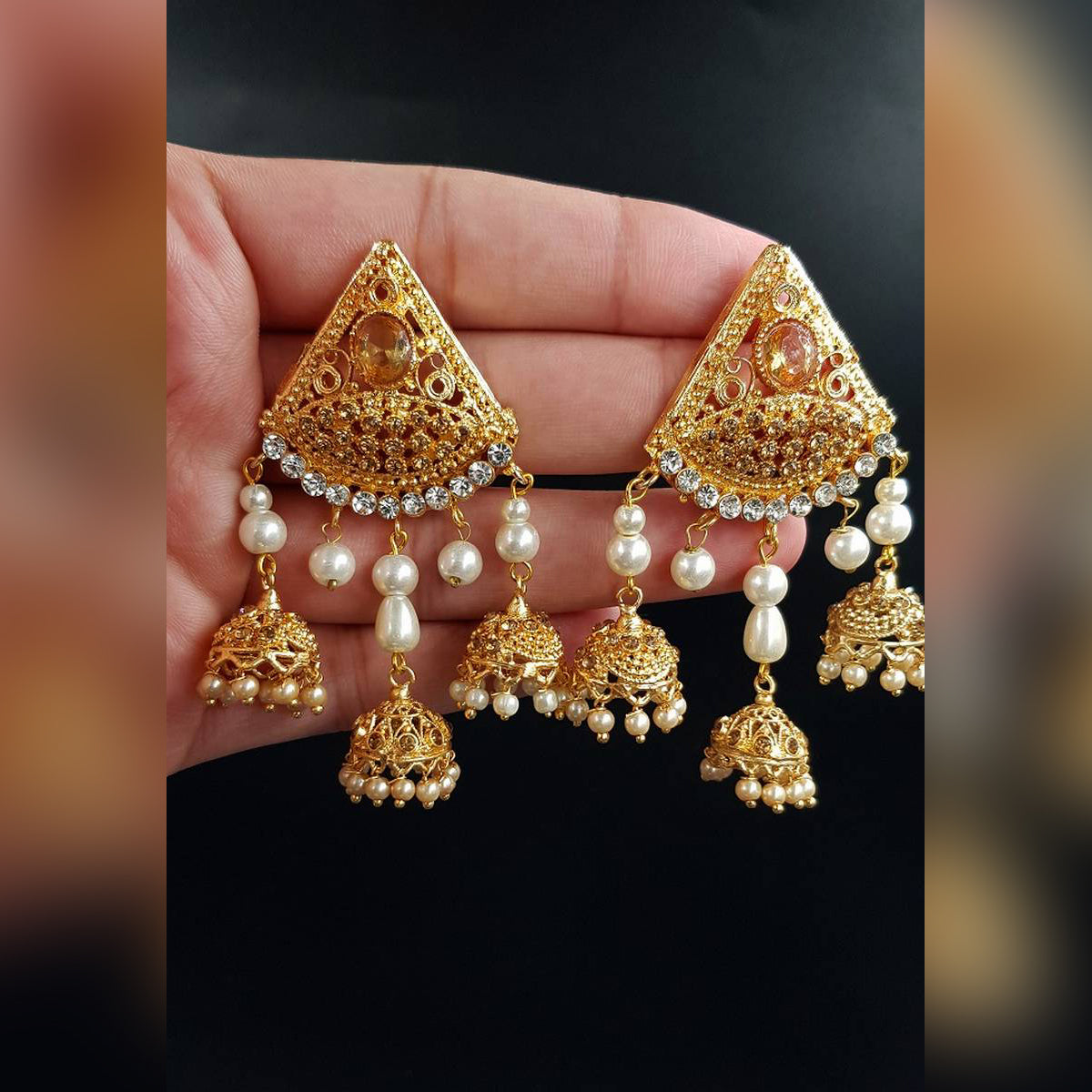 Three Tassel Traditional Jhumki Classy Party Wedding Earring For Girls – Accessories Online in Pakistan | Hanaya