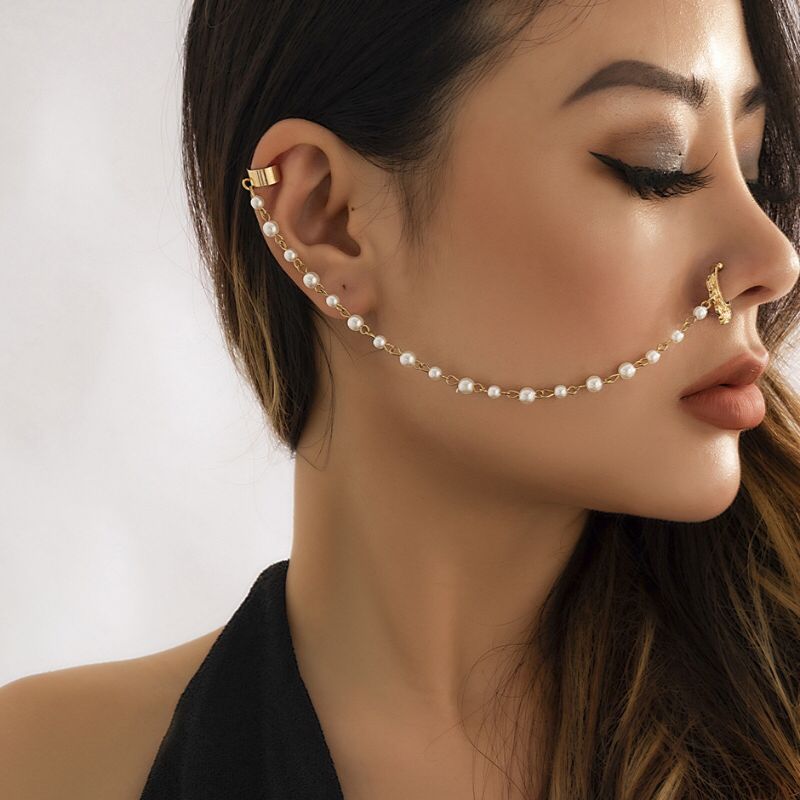 Non-Piercing Clip-On Thin Nose Pin Elegant Nostril Body Jewelry with Chain – Fake Ethnic Piercing Jewelry – Nose Jewelry O...