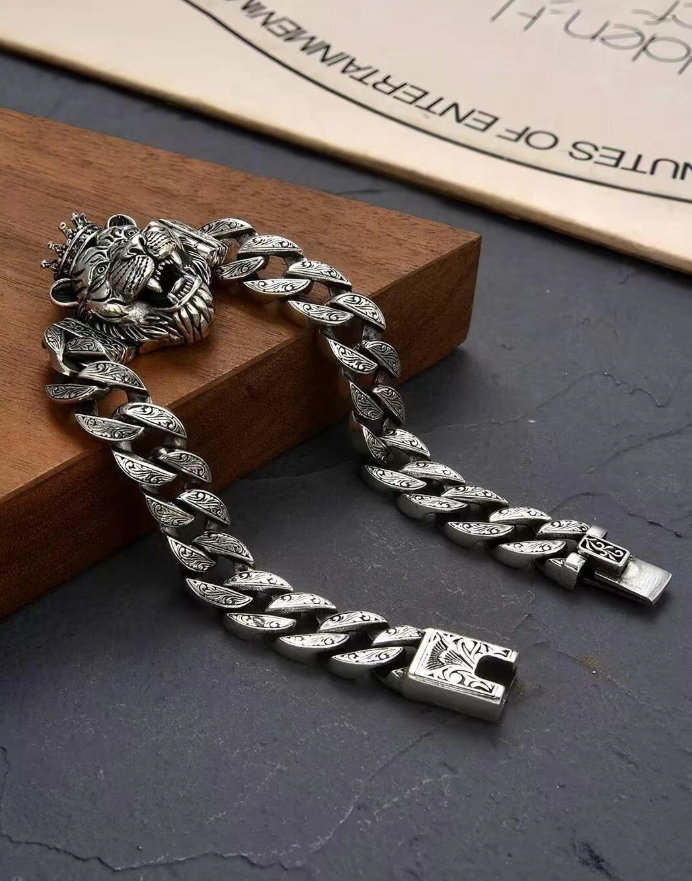 Premium Men Vintage Silver Crown Tiger Head Bracelet Personalized Hip Hop Loop Chain Adjustable Punk Stainless Steel Wri