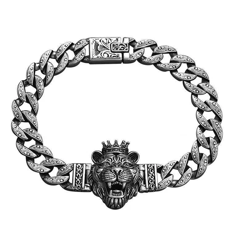 Premium Men Vintage Silver Crown Tiger Head Bracelet Personalized Hip Hop Loop Chain Adjustable Punk Stainless Steel Wri