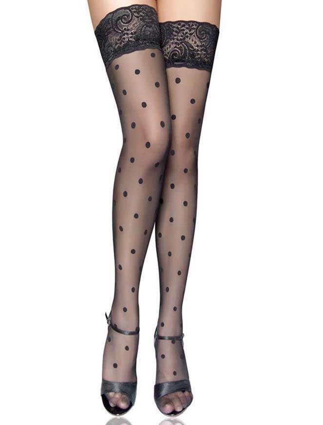 Long Socks Polka Dots Women Lace Stay Up Thigh High Hold Ups Stockings