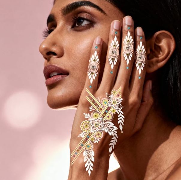 White With Crystals Lace Henna Mehndi Tattoo Stickers Water Transfer Printing Retro Waterproof hand tattoo leg tattoo neck...