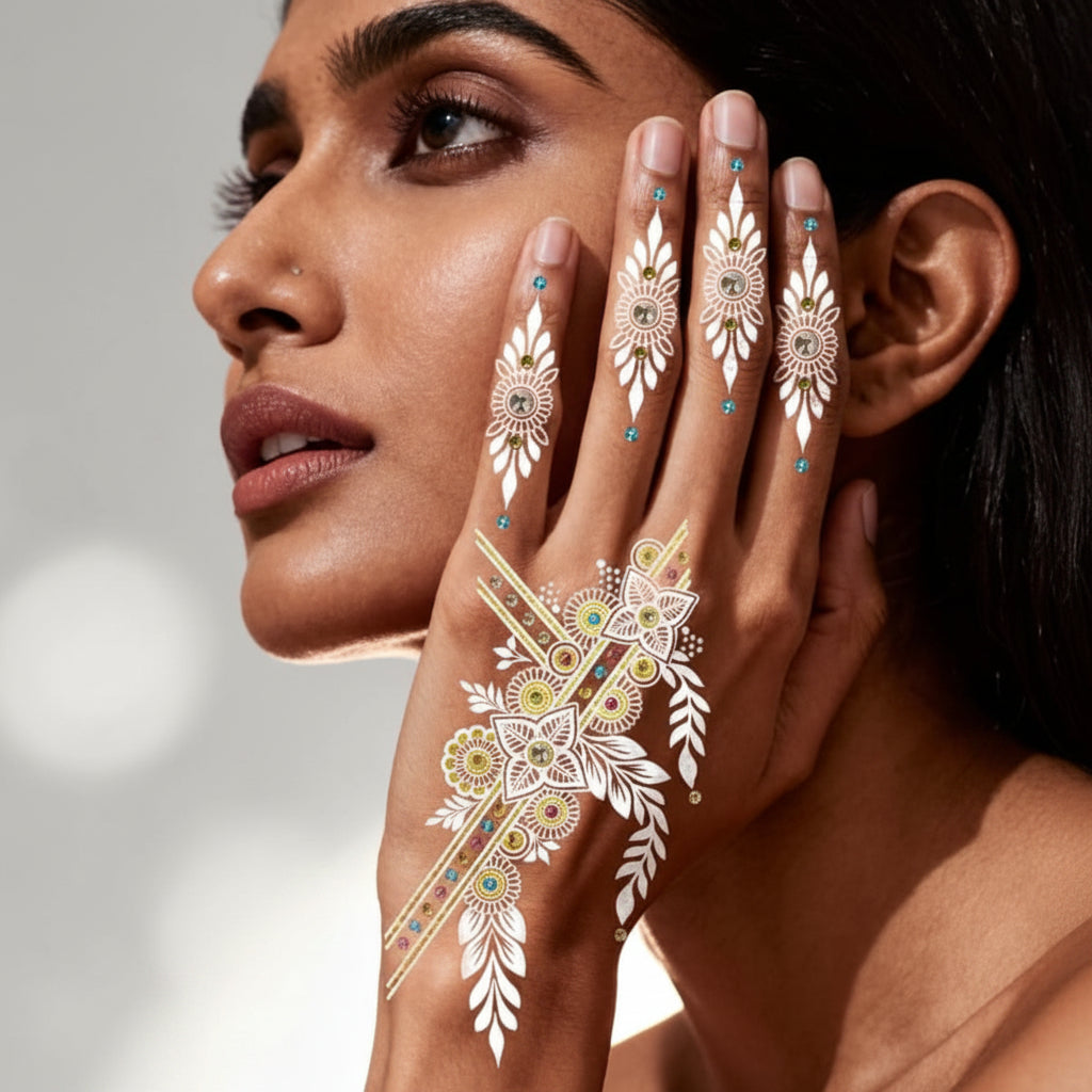 White With Crystals Lace Henna Mehndi Tattoo Stickers Water Transfer Printing Retro Waterproof hand tattoo leg tattoo neck...