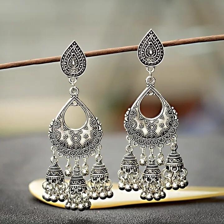 Trendy Classy Turkish Jhumka Antique Style Tassel Earring – Image 2 of 3