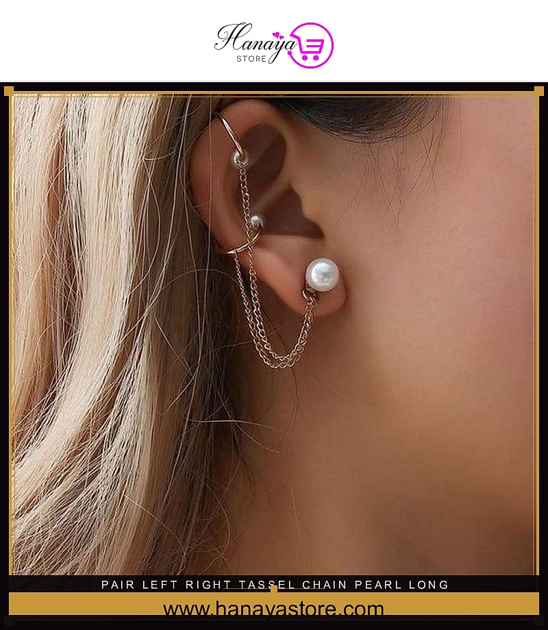 Pair Left & Right  Tassel Chain Pearl Long Cuff Earrings – Earrings Online in Pakistan | Hanaya