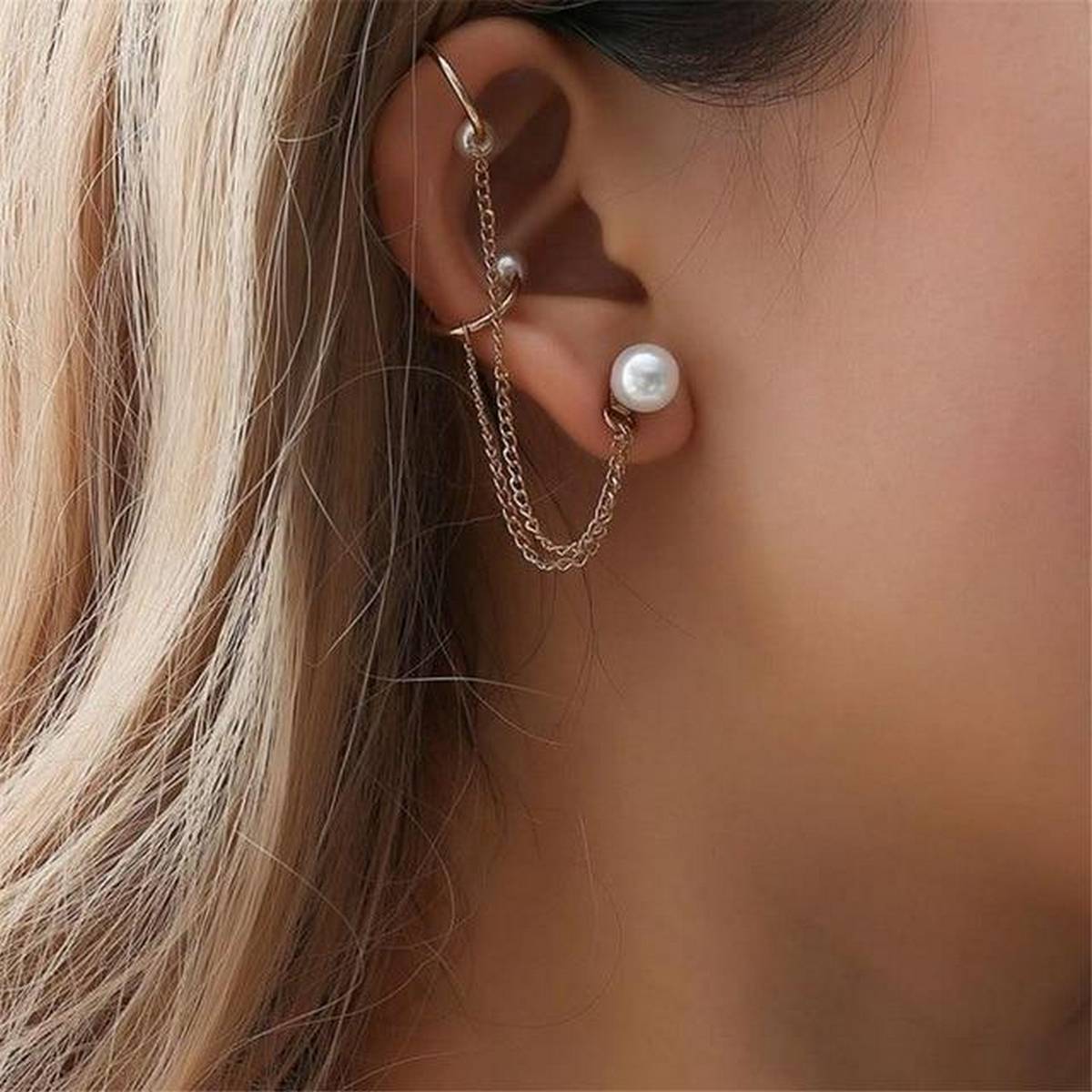Pair Left & Right  Tassel Chain Pearl Long Cuff Earrings – Earrings Online in Pakistan | Hanaya