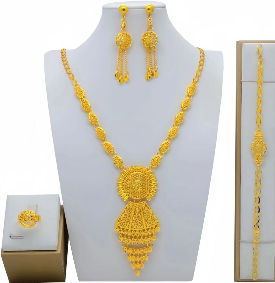 Luxury Bridal Wedding Jewelry Set Golden Color Necklace, Ring, Bracelet & Earrings for Bride & Party Wear