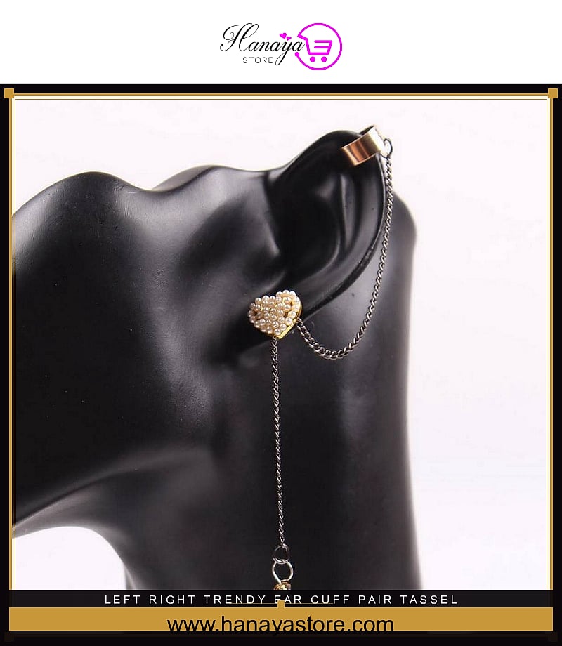 Left & Right Trendy Ear Cuff Pair Tassel Chain With Pearls Heart Shaped – Earrings Online in Pakistan | Hanaya