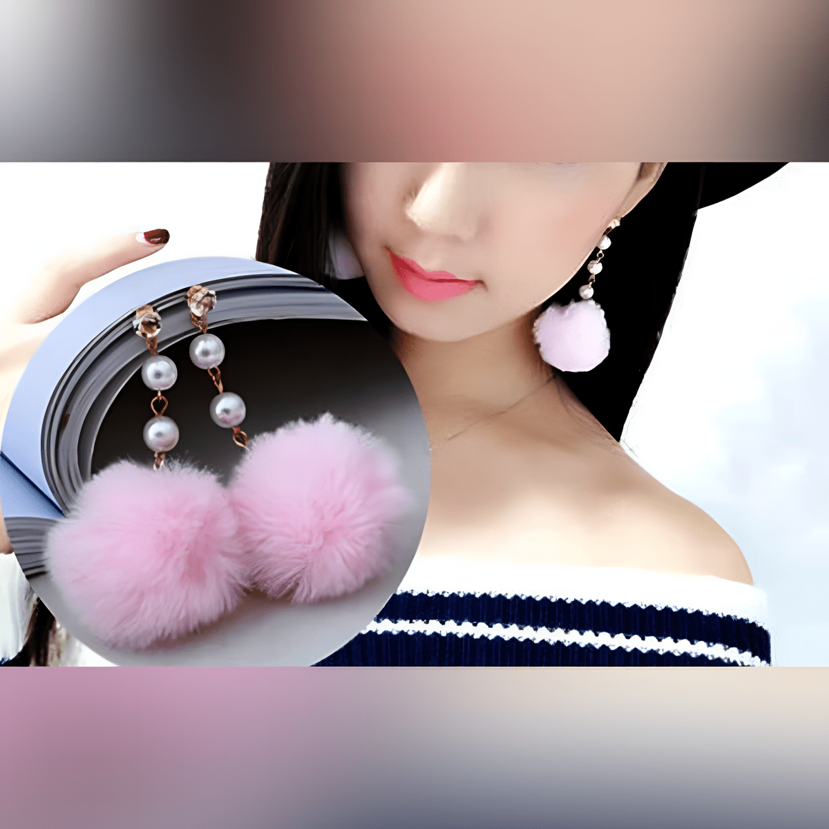 Fashion Pom Pom Hairball Long Statement Pearl Beaded Plush Ball Drop Earrings - Hanaya Store