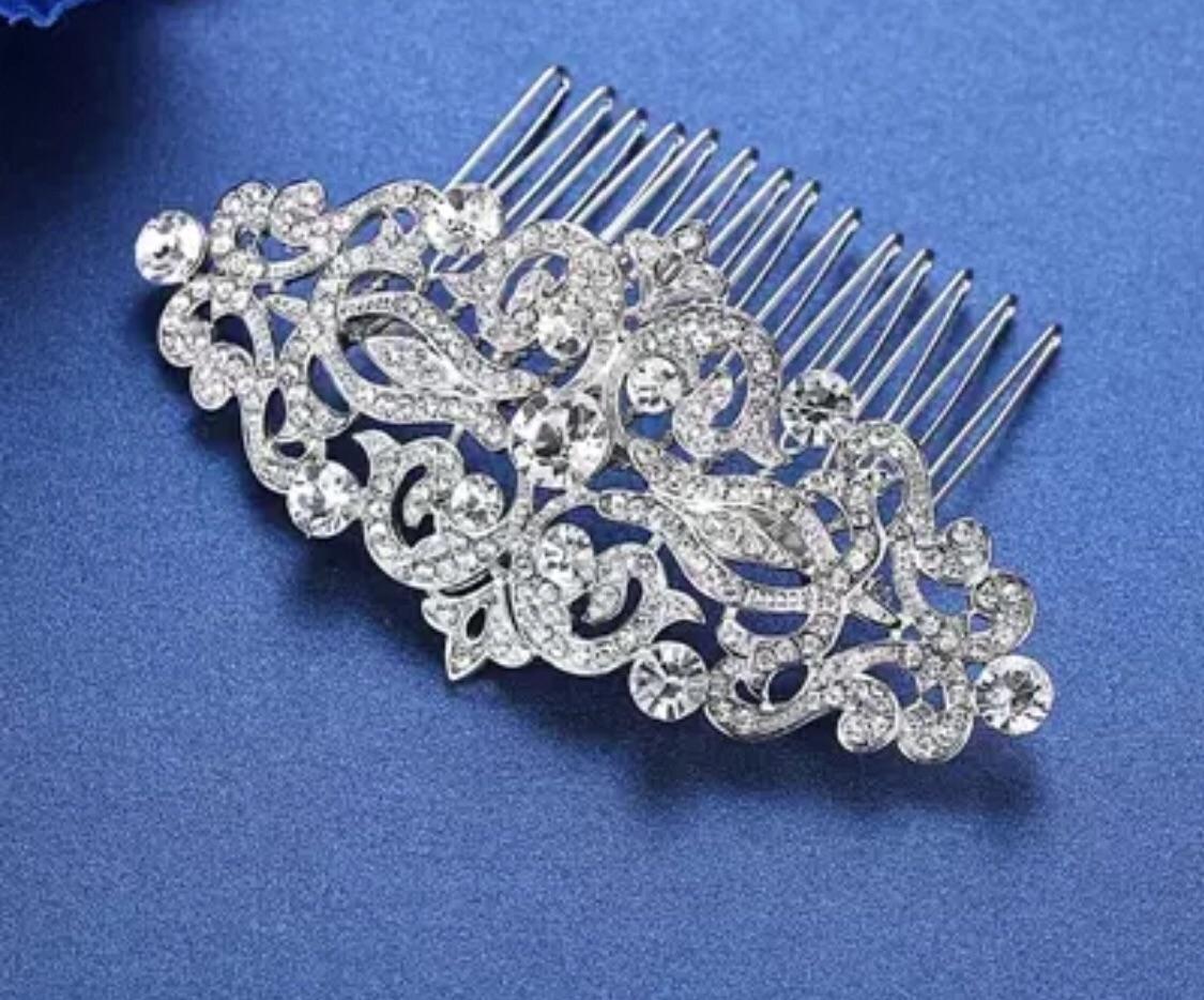 Trendy Classy Rhinestone Flower Leaf Bridal Hair Jewelry – Image 2 of 2