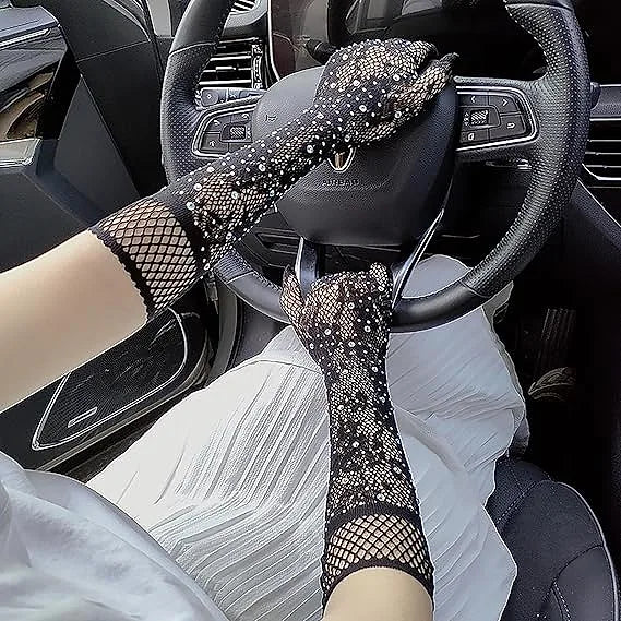 Fishnet Lace Hollow Elasticity Crystals Long Hand Lolita Gloves Sleeves Sleeve Fashionable Women Gloves Arm