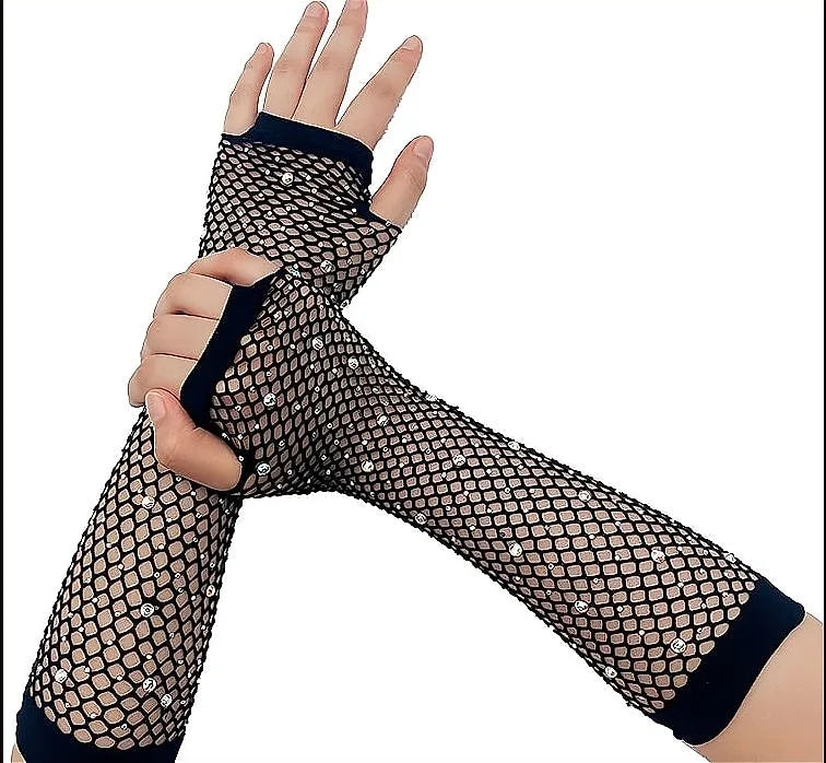 Fishnet Lace Hollow Elasticity Crystals Long Hand Lolita Gloves Sleeves Sleeve Fashionable Women Gloves Arm - image 2